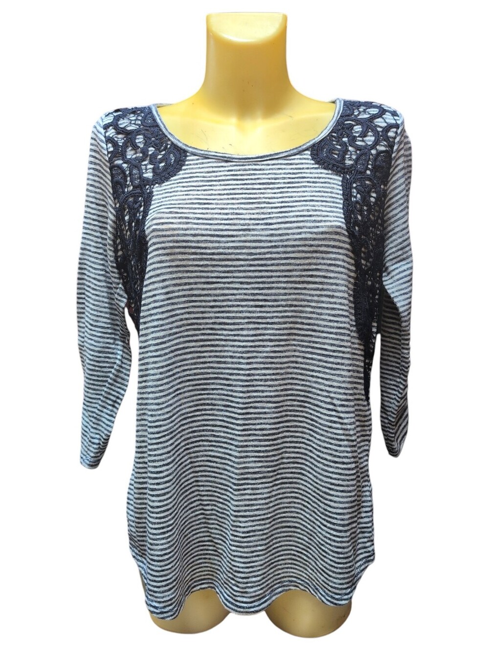 MAURICES Navy And White Striped Top With Crochet Lace Embellishments